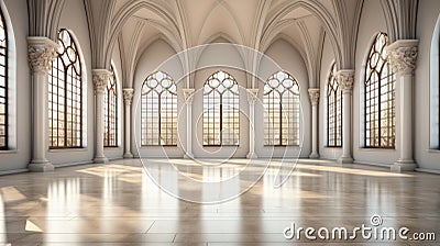 Large bright hall in gothic style. Luxury empty interior Stock Photo