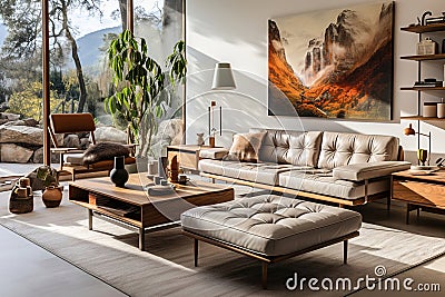 Large bright living room with shelves and big painting on white wall, white sofa with pillows Stock Photo