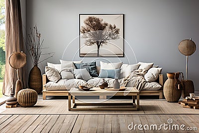 Large bright living room with shelves and big painting on white wall, white sofa with pillows Stock Photo