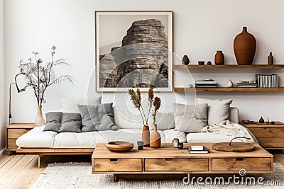 Large bright living room with shelves and big painting on white wall, white sofa with pillows Stock Photo