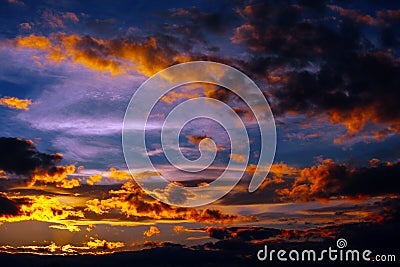 Beautiful sky twilight time sunset clouds orange blue yellow mood peace calm peaceful landscape Stock Photo