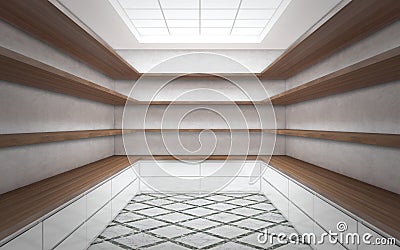 Large bright wardrobe room with empty shelves Stock Photo