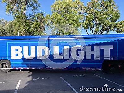 Large Bud Light sign on blue delivery truck parked at store parking lot - San Jose, California, USA - 2022 Editorial Stock Photo