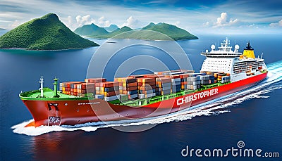 a large bulk carrier delivers cargo, transport and logistics flows and the delivery of large cargo by sea, Cartoon Illustration