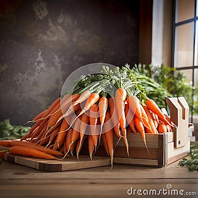 Large bunch of fresh carrots on table. Generative AI. Stock Photo