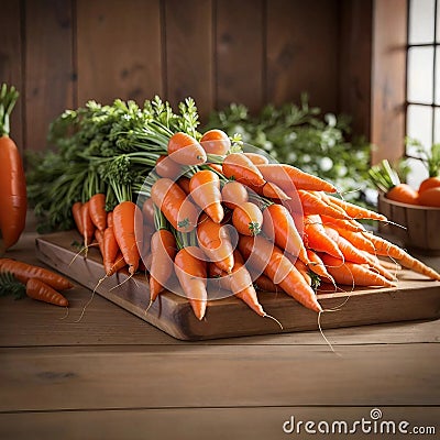 Large bunch of fresh carrots on table. Generative AI. Stock Photo