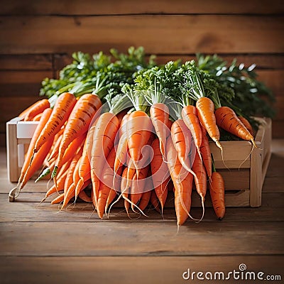 Large bunch of fresh carrots on table. Generative AI. Stock Photo