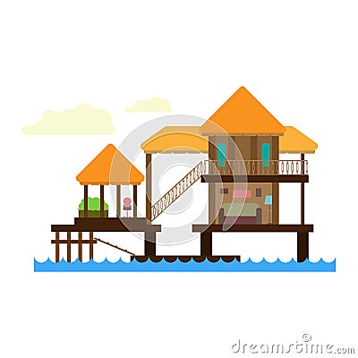 Three bungalows at the edge of the sea Vector Illustration