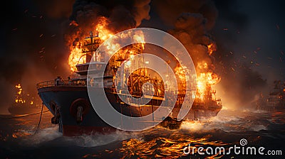 Large burning cargo ship tanker carrying oil in the sea Stock Photo