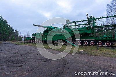 Large-caliber railway artillery gun. Fort Red Hill, Krasnaya Gorka, Leningrad. Maritime railway artillery. Soviet Editorial Stock Photo