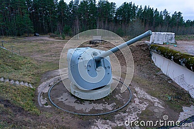 Large-caliber railway artillery gun. Fort Red Hill, Krasnaya Gorka, Leningrad. Maritime railway artillery. Soviet Editorial Stock Photo