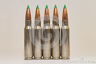 5 Large Caliber Rifle Bullets Stock Photo