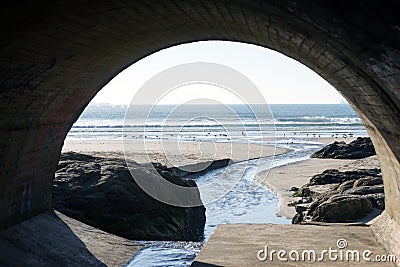 Large canal with used industrial residual waters running out. Stock Photo