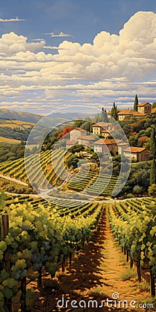 Italian Vineyard Landscape Painting With Dalhart Windberg Style Stock Photo