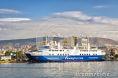 Large car-ferry docked in a seaport in Piraeus near Athens, Greece Editorial Stock Photo