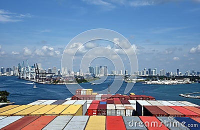 Large cargo container ship entering port of Miami. View from the navigation bridge. Stock Photo