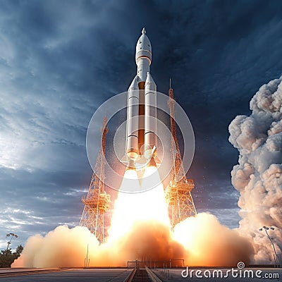 A large cargo rocket is launched from the launch pad Stock Photo