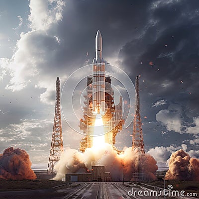 A large cargo rocket is launched from the launch pad Stock Photo