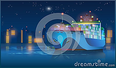 Large cargo ship at night Vector Illustration