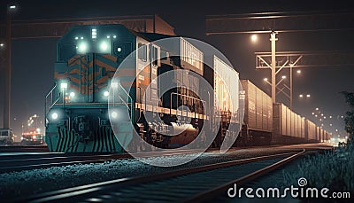 Large cargo train with goods leaving the terminal at night. Generative Ai Stock Photo