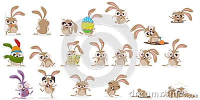 Large cartoon collection of a crazy rabbit Vector Illustration