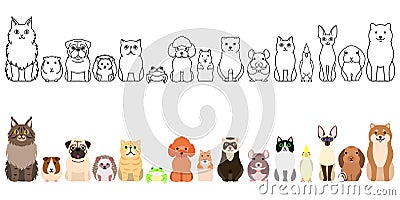 Large cartoon pet animals border set, full body Vector Illustration