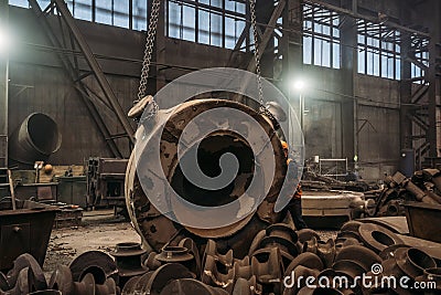 Large cast iron product moved on girder crane in workshop of metallurgical plant. Foundry, Heavy industry, production of Stock Photo