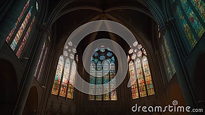 a large cathedral with stained glass windows and a clock on the front of the building and a pew in front of the window is empty Stock Photo
