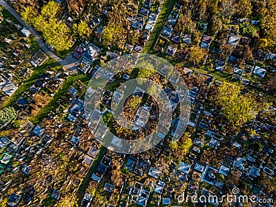 A large cemetery in the city, top view. Drone flight over the cemetery. The final resting place of the human soul Stock Photo