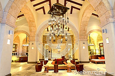 The large chandelier at lobby in luxury hotel Stock Photo