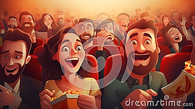 A large, cheering audience in a movie theater watches a heartwarming comedy Stock Photo