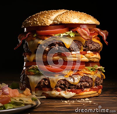 a large cheeseburger with bacon and tomatoes Stock Photo