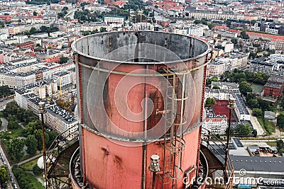 Large chimney at a power plant, close-up top view, environmental pollution Editorial Stock Photo