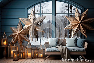 Large Christmas stars in the decor of the living room with a blue sofa Stock Photo