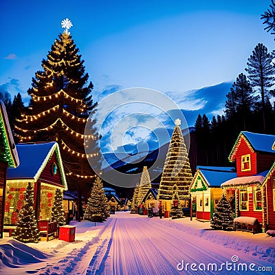 Large Christmas trees in a snowy town Stock Photo