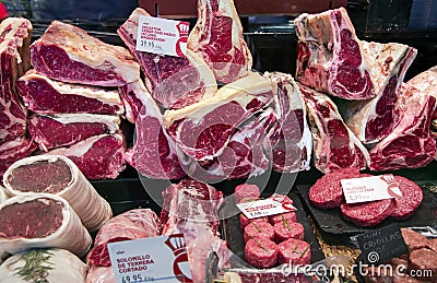 Large chunks of fresh beef steaks and other meat products Stock Photo