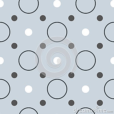 Large circles and small dot seamless repeat pattern. Hand-drawn dots and circles in different sizes on a light blue Vector Illustration
