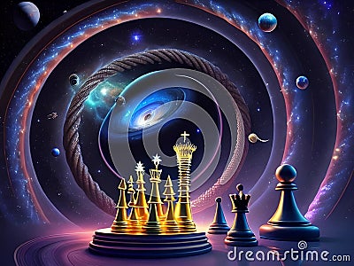A large circular chess set, with a strange outer space background, generated by AI. Stock Photo