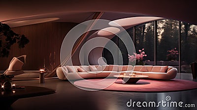 A large circular living room with a couch and coffee table, AI Stock Photo