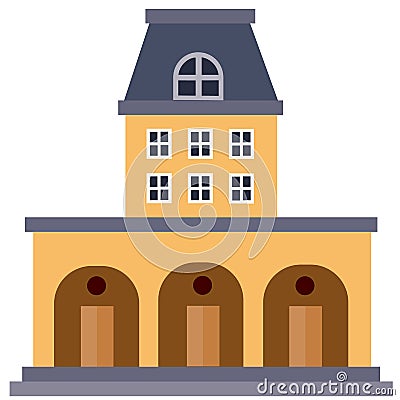 Large city building with a blue roof attic and three arches with entrances on a white background, vector illusion, Vector Illustration