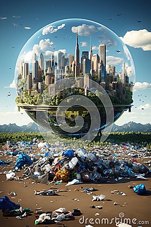 A large city in the middle of a large pile of trash Stock Photo