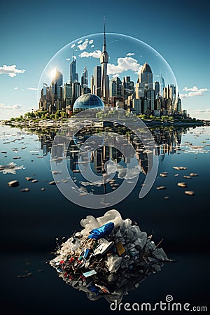 A large city in the middle of a large pile of trash Stock Photo