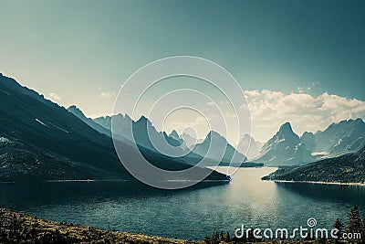 Large clean mountain lake against backdrop of mountainous landscape Stock Photo