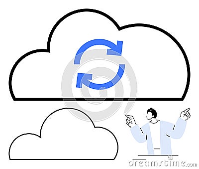 Cloud Synchronization Concept with Person Gesturing and Refresh Symbol for Data Update Vector Illustration