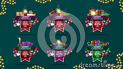 Large collection of Christmas discount stickers made of ribbons and decorated with pile of Christmas presents Vector Illustration