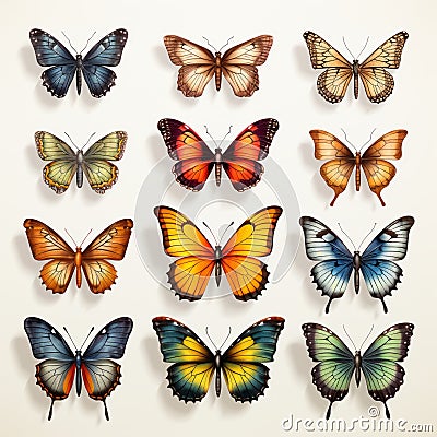 Colorful Vintage Butterflies: Realistic Portrayal Of Light And Shadow Stock Photo