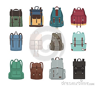 Large collection of fashionable backpacks or rucksacks. Modern casual and touristic accessories of different types and Vector Illustration