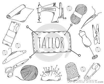 Large collection of line icons in hand drawn style for the profession of tailor. Vector Vector Illustration