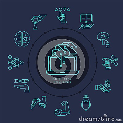 A large collection of linear icons robotic artificial intelligence and digital automation isolated in the background Vector Illustration