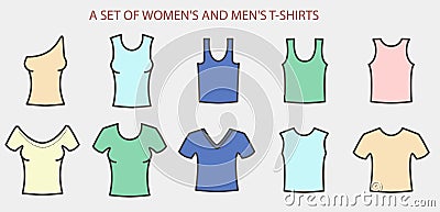 A large collection of men`s and women`s T-shirts Stock Photo